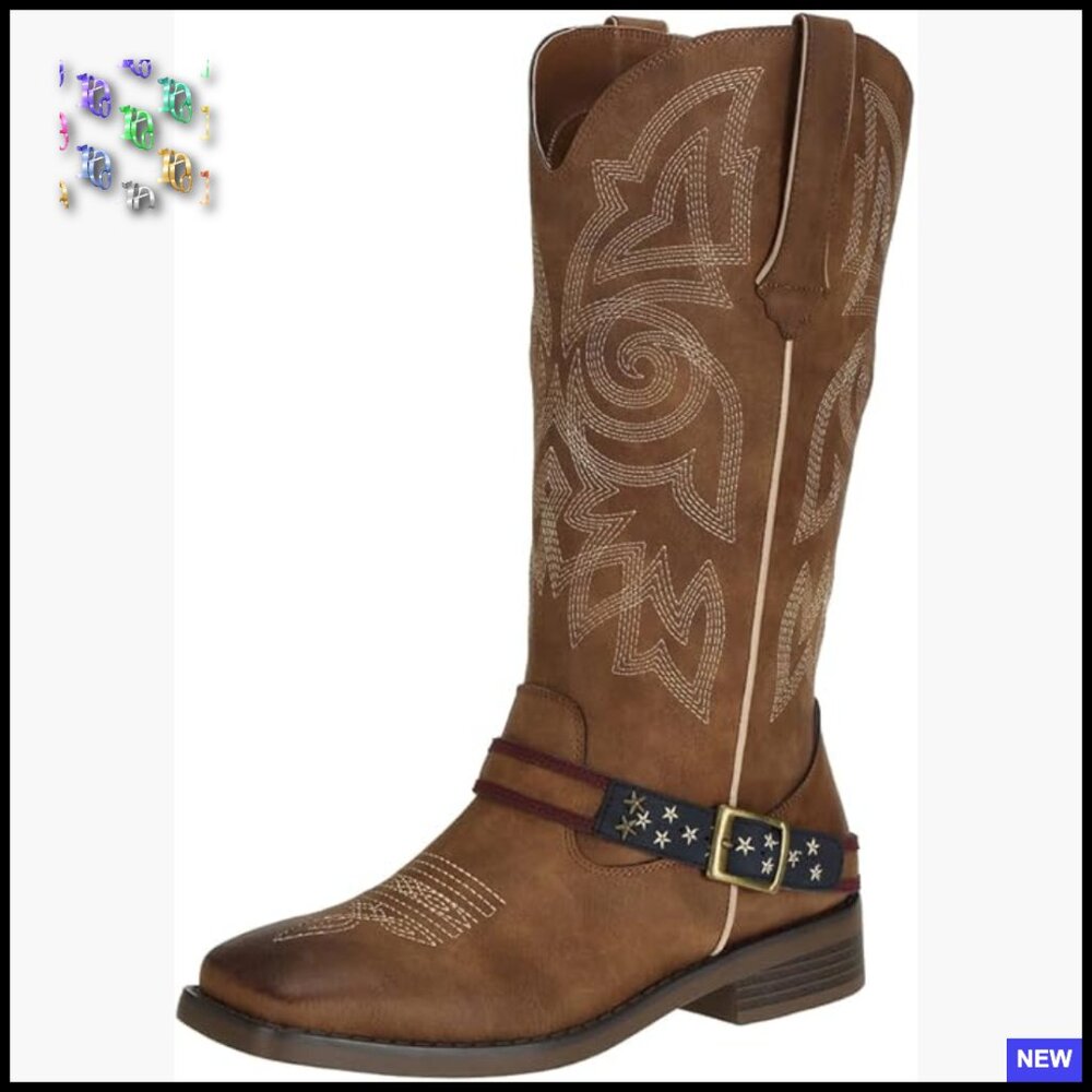 Western Cowgirl Boots Mid Calf Square Toe Stacked Heel Faux Leather Fashion